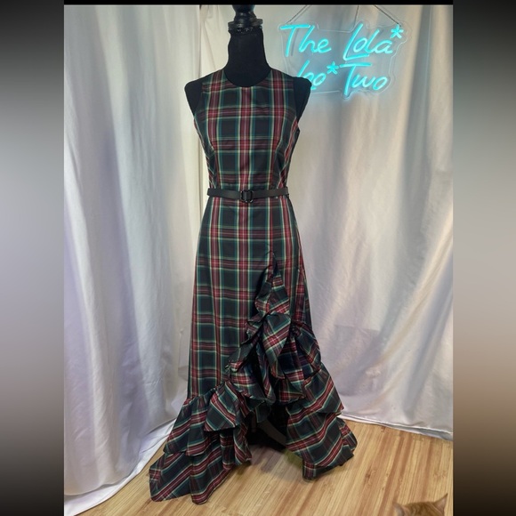NWT Boston Proper Tartan Plaid Sleeveless High Neck Taffeta Ruffle Gown - Picture 8 of 12